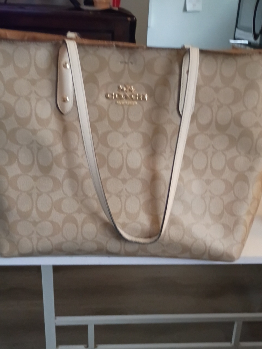 Coach Tan and Cream Signature Canvas Tote with Cream Straps